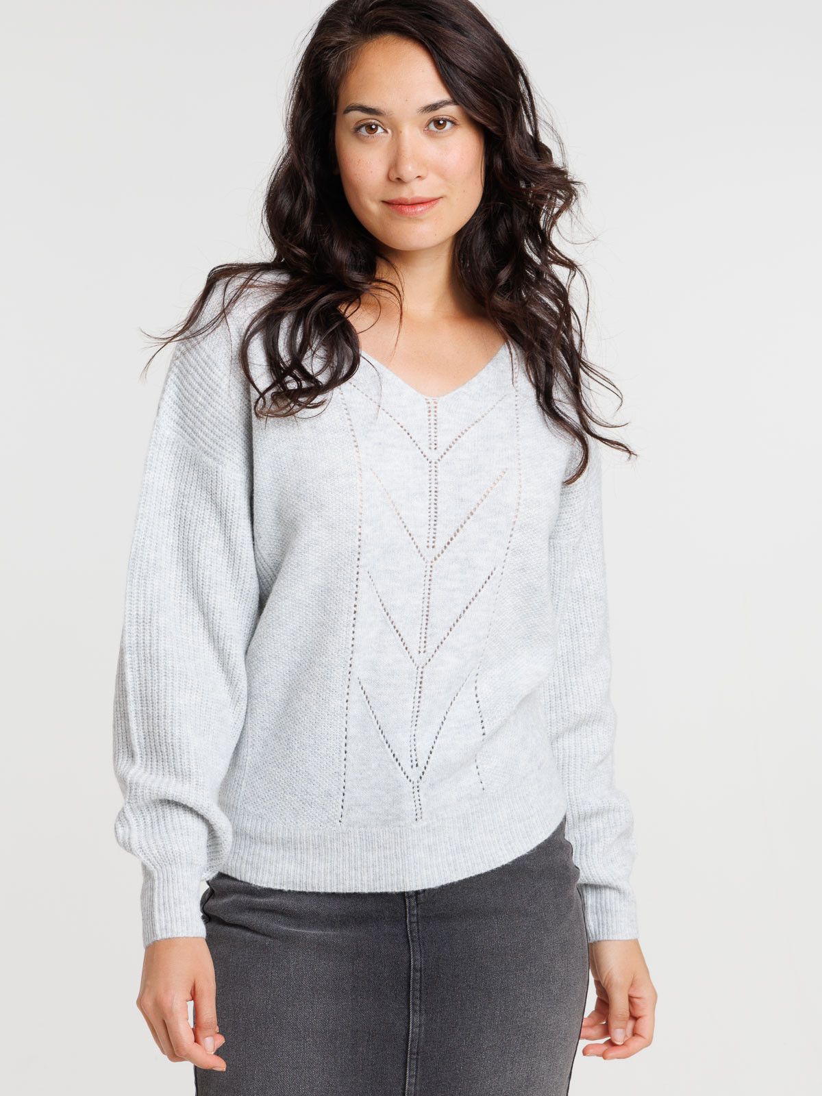 Pull col V gris clair chiné femme