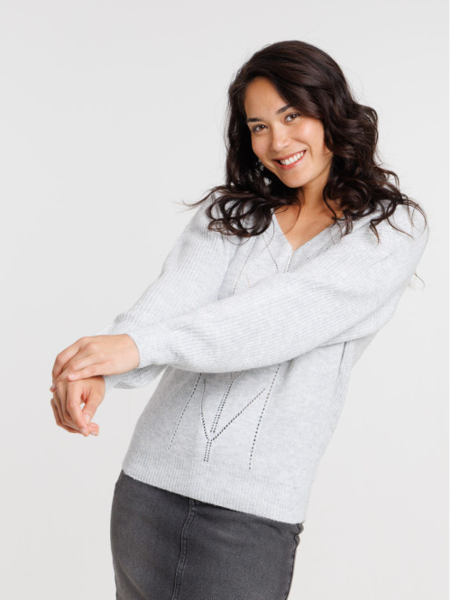 Pull col V gris clair chiné femme