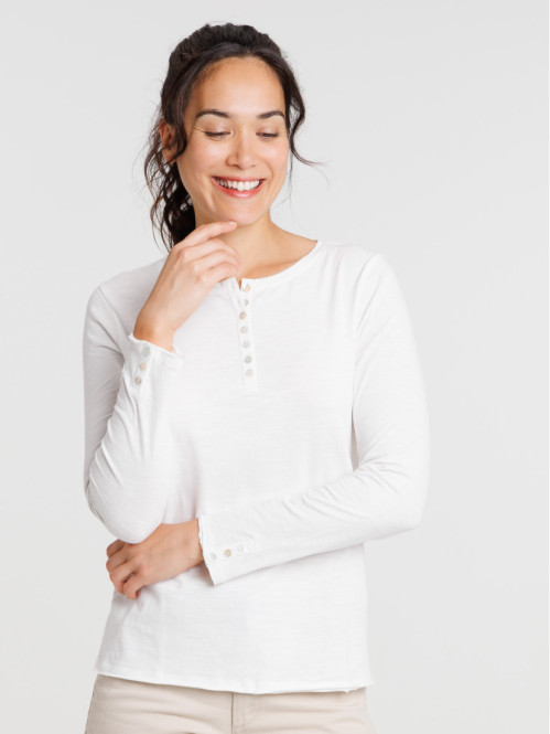 T-shirt col rond boutonné écru femme