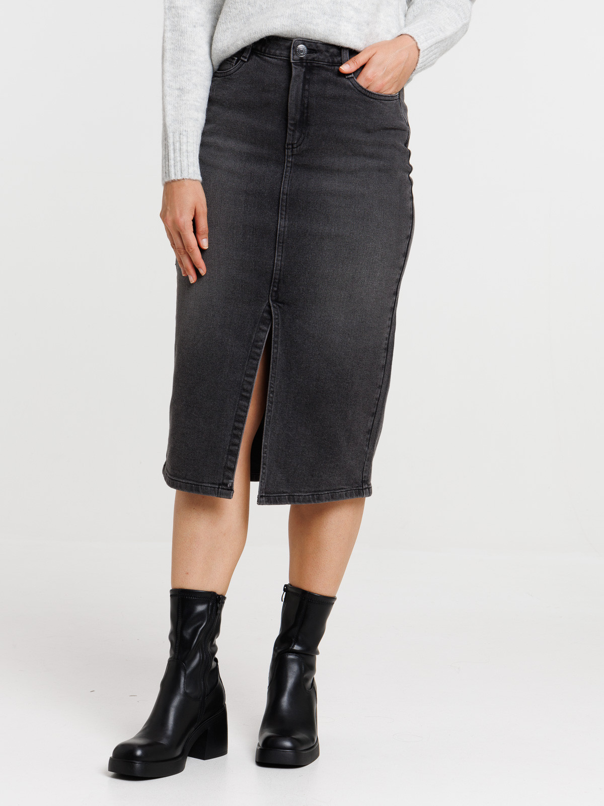 Jupe midi denim gris femme Jupe midi denim gris femme
