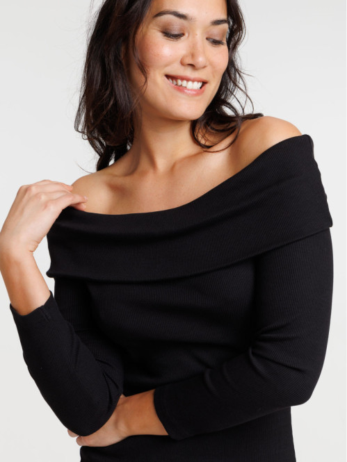 Robe côtelée col bardot noire femme