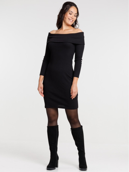 Robe côtelée col bardot noire femme