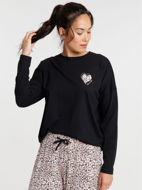Haut de pyjama noir coeur léopard femme