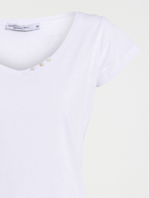 T-shirt col V boutons blanc...