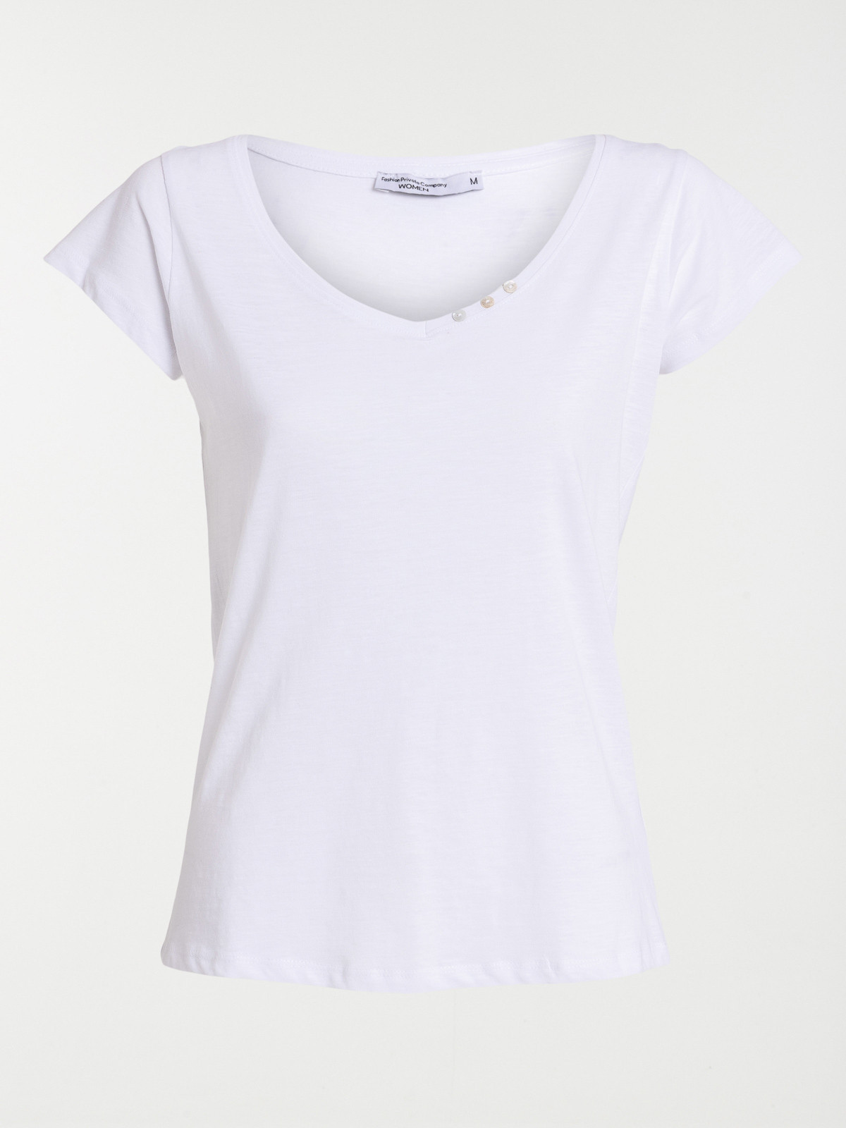 T-shirt col V boutons blanc femme