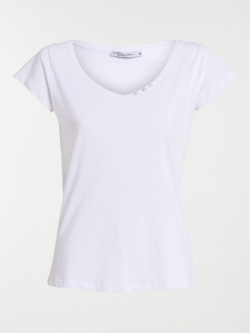 T-shirt col V boutons blanc femme