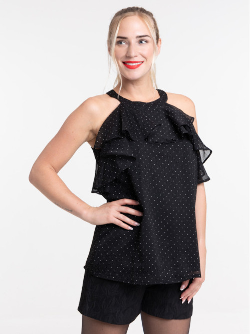 Top imprimé volanté femme noir