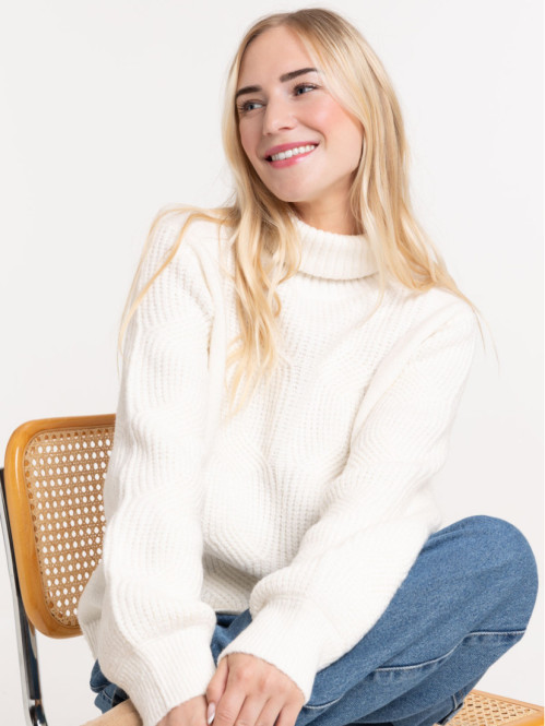 Pull col roulé écru femme