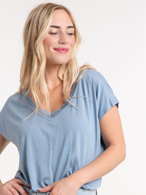 T-shirt col V dentelle femme
