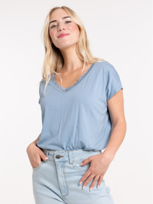 T-shirt col V dentelle femme
