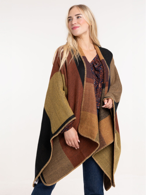Poncho à carreaux tabac rougi femme