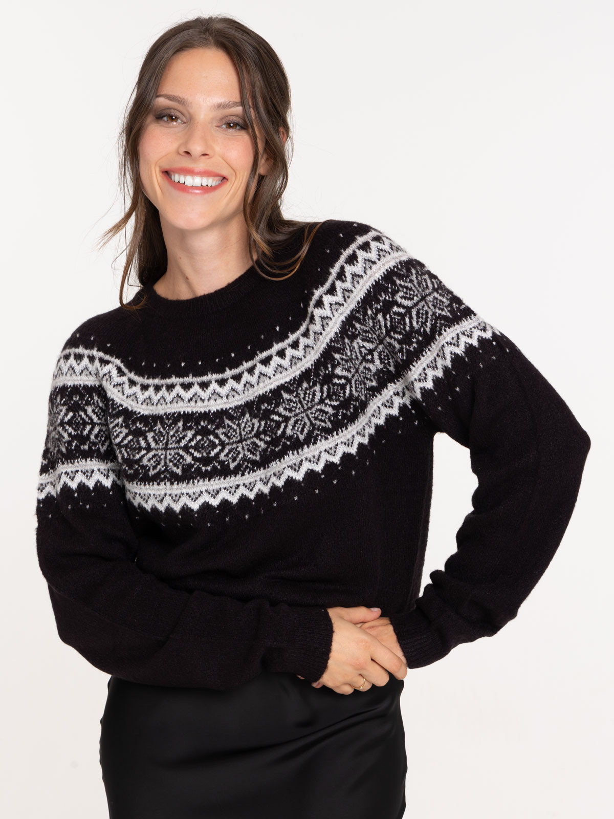 Pull jacquard noir femme