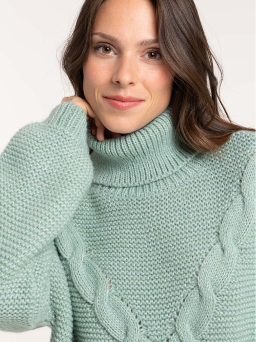 Pull col roulé femme avec maille douce et capuche