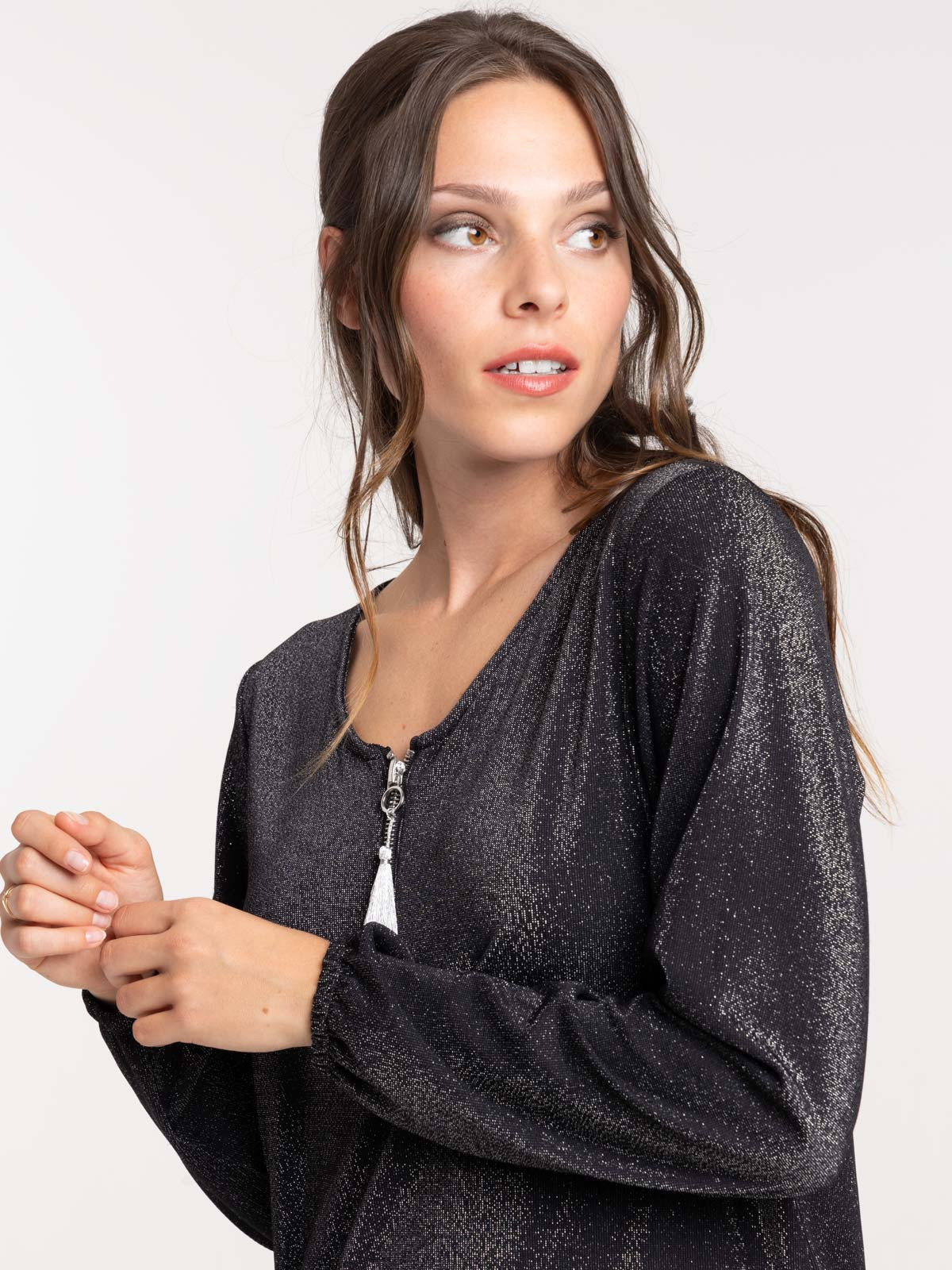 Tee-shirt col V zippé femme
