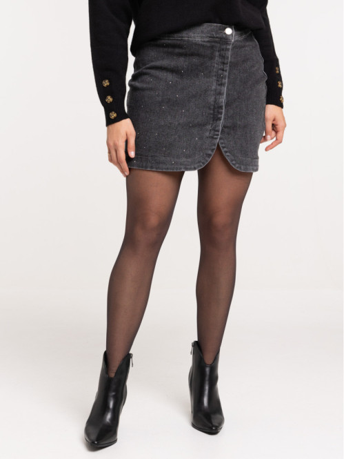 Jupe denim avec strass grise femme