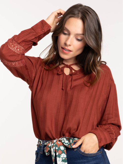 Blouse col volanté avec liens femme