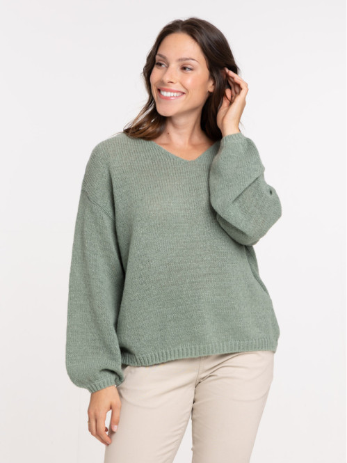 Pull col V sauge femme