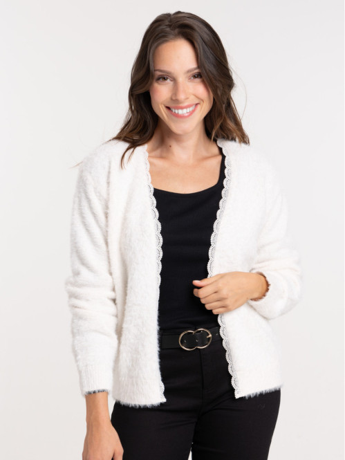 Gilet ouvert dentelle écru femme