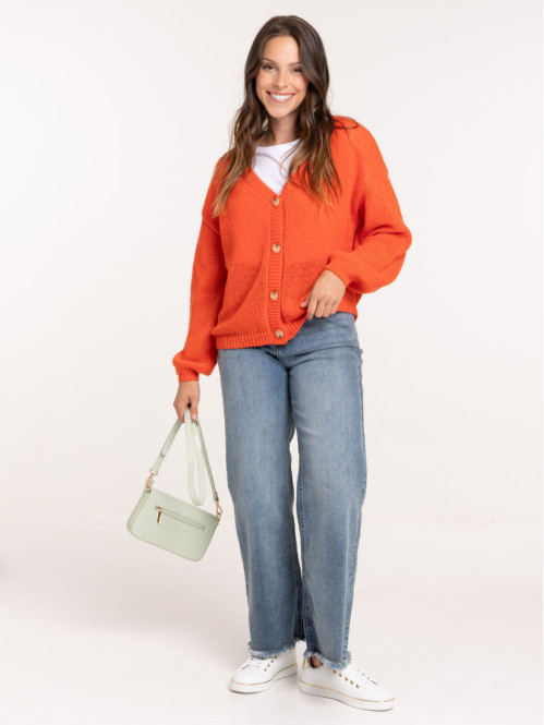 Gilet col V boutonné rouge femme