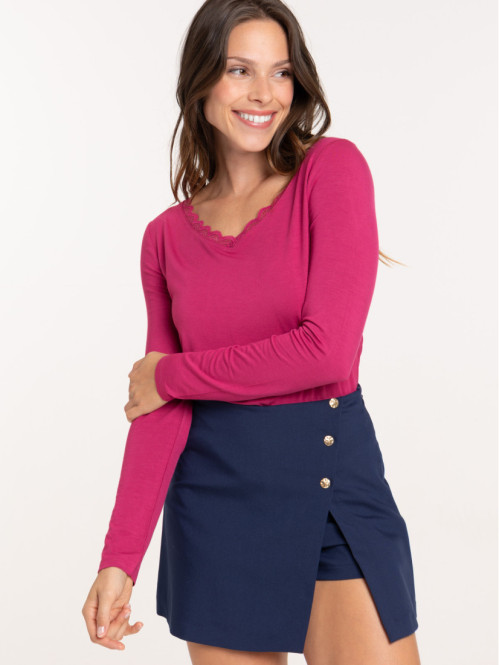 Tee-shirt dentelle fushia femme