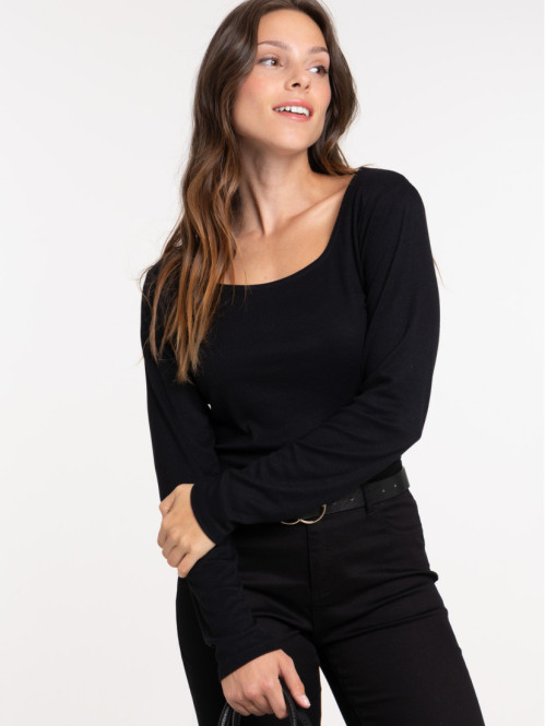 T-shirt noir côtelé femme