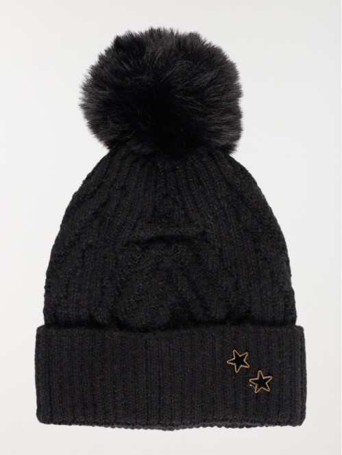 Bonnet noir torsadé pompon fille