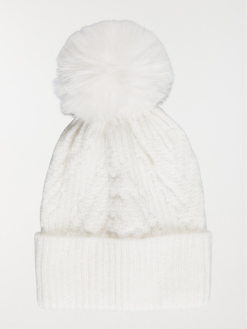 Bonnet pompon torsadé écru femme