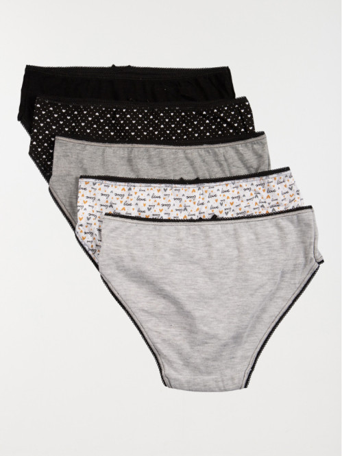 Lot de 5 slips love fille noir Lot de 5 slips love fille noir
