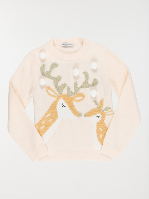 Pull rennes et pompons fille (3-12A)