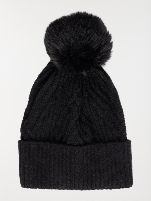 Bonnet pompon torsadé noir femme