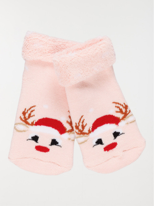 Chaussettes renne de noël bébé rose