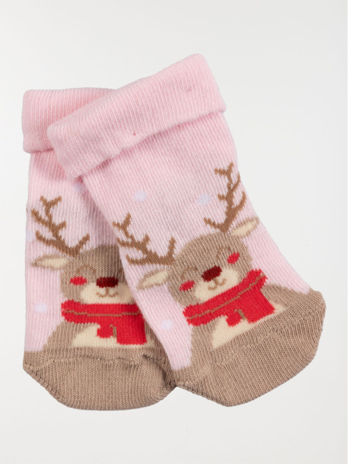 Chaussettes renne de noël rose bébé