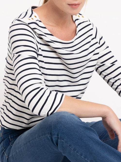 T-shirt écru rayé boutons épaules femme