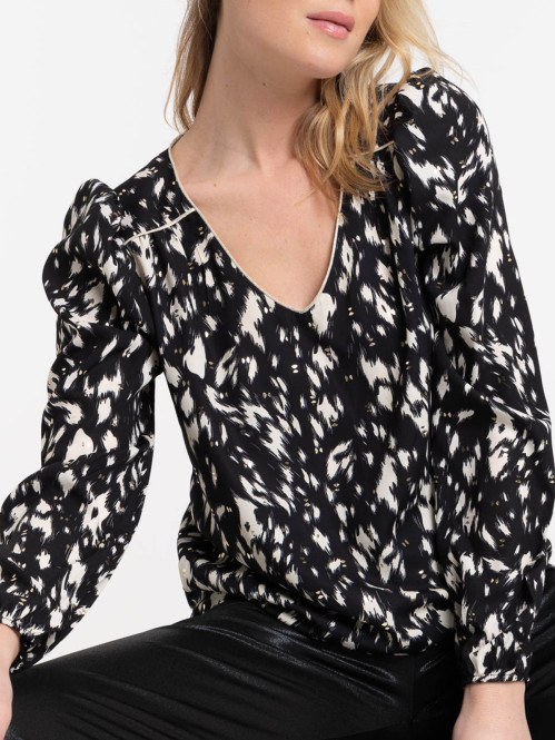 Blouse imprimée col V noire femme