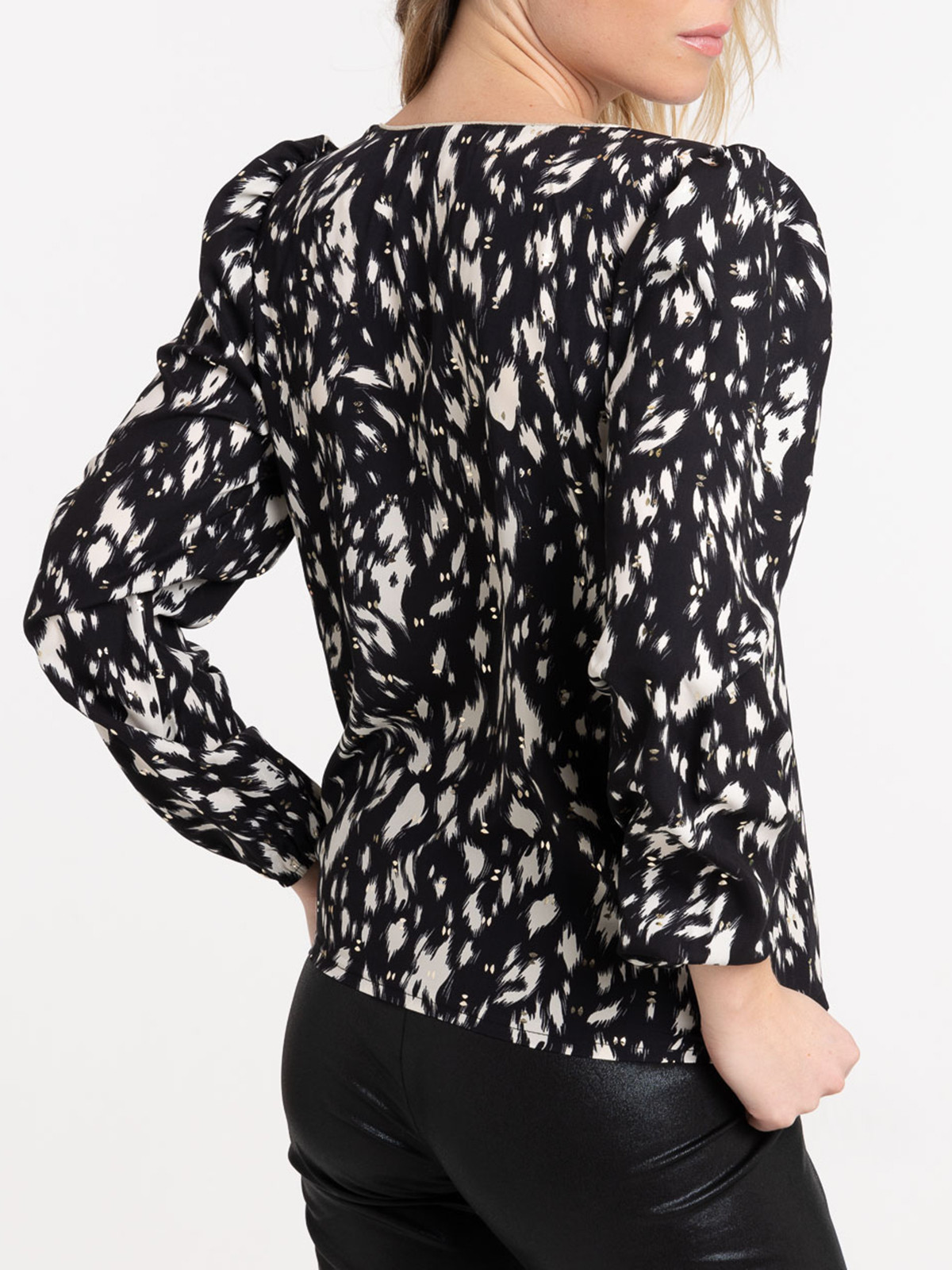 Blouse imprimée col V noire femme