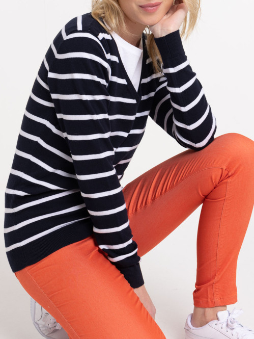 Pull basique col V rayé femme