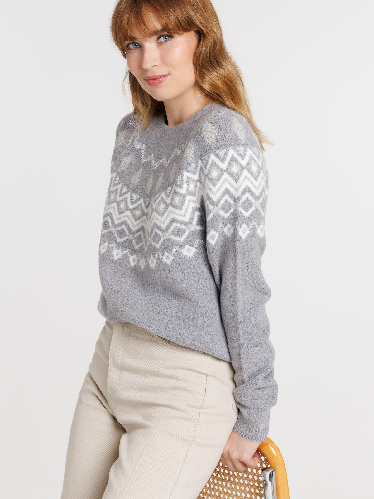Pull jacquard gris chiné femme