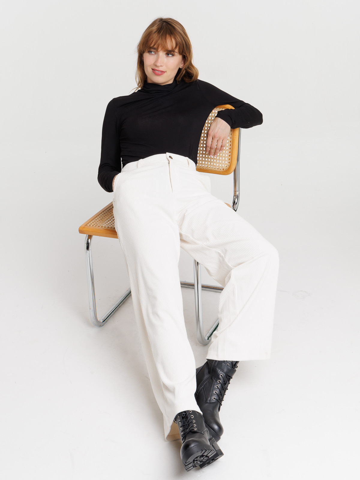Pantalon large velours écru femme