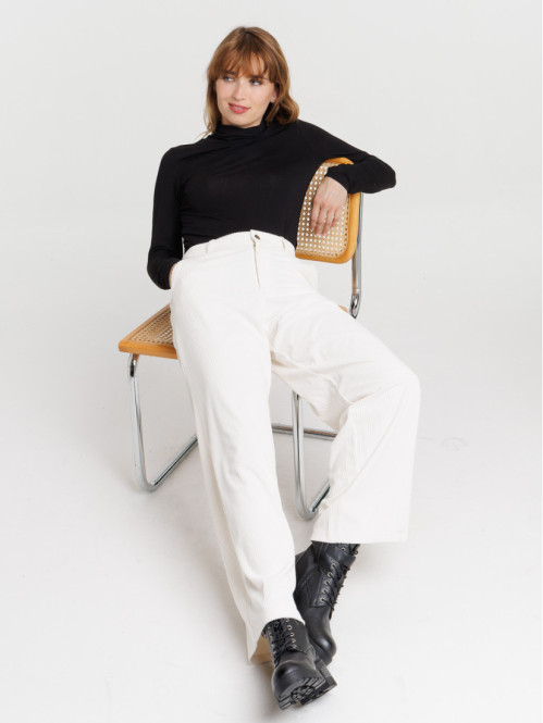 Pantalon large velours écru femme