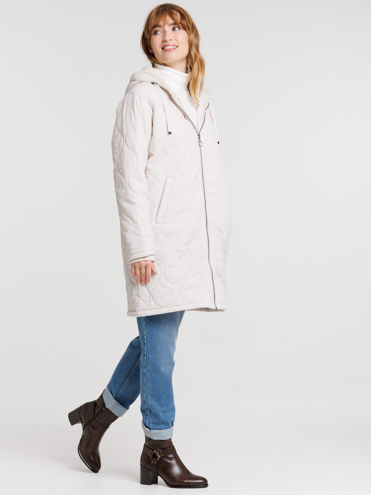 Doudoune longue crème grisée femme