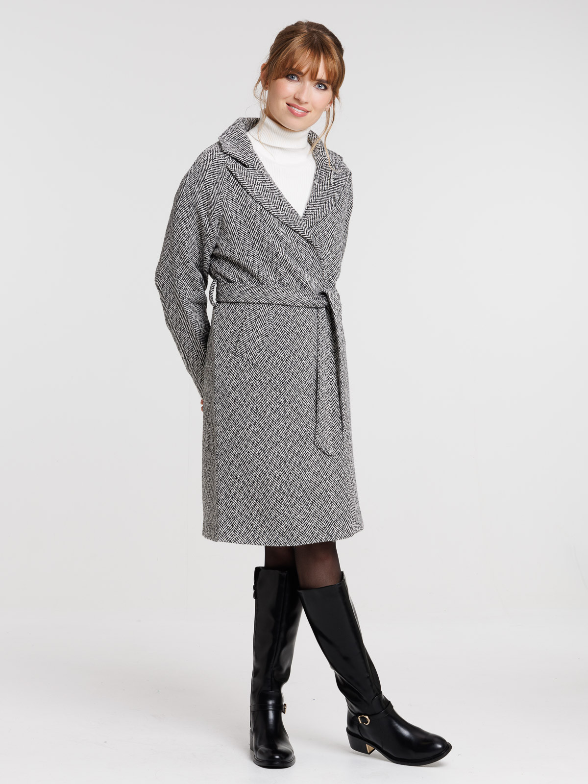 Manteau noir long chevrons femme