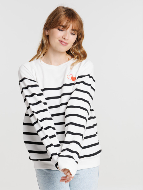 Sweat rayé coeurs brodés femme