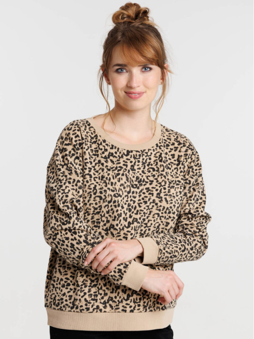 Sweat léopard col rond femme