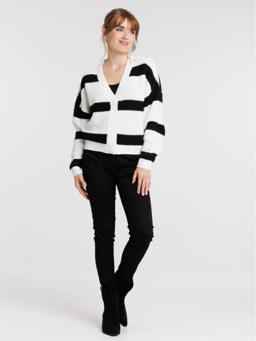 Gilet blanc cassé rayé noir femme