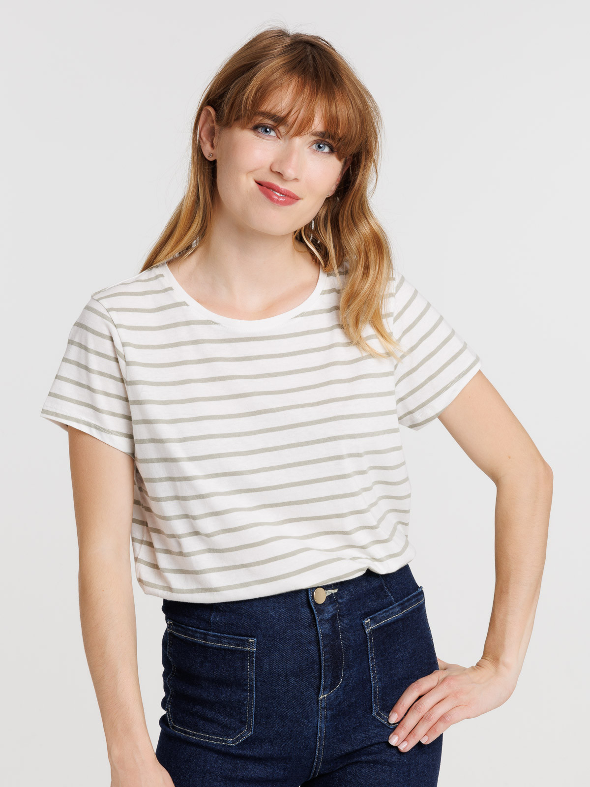 Tee-shirt écru rayé mousse femme