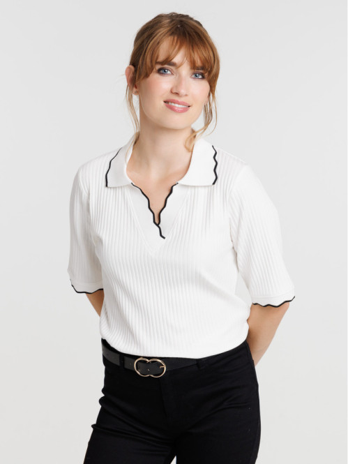 Polo blanc cassé côtelé femme