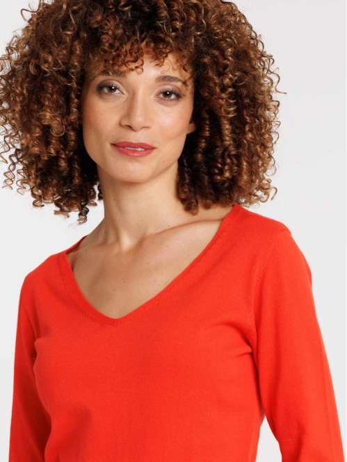 Pull col V rouge femme