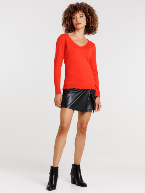 Pull col V rouge femme