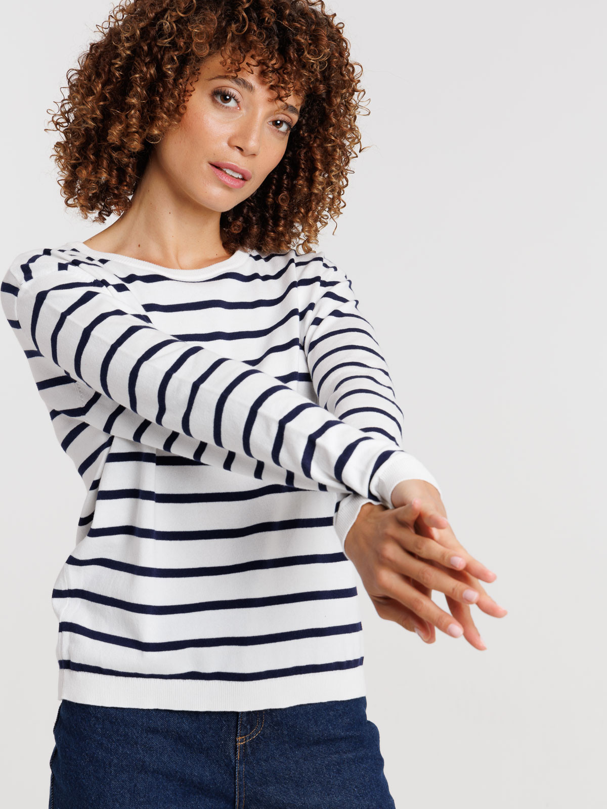 Pull écru col rond rayé femme