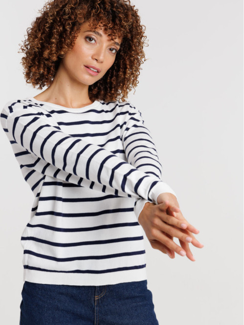 Pull écru col rond rayé femme